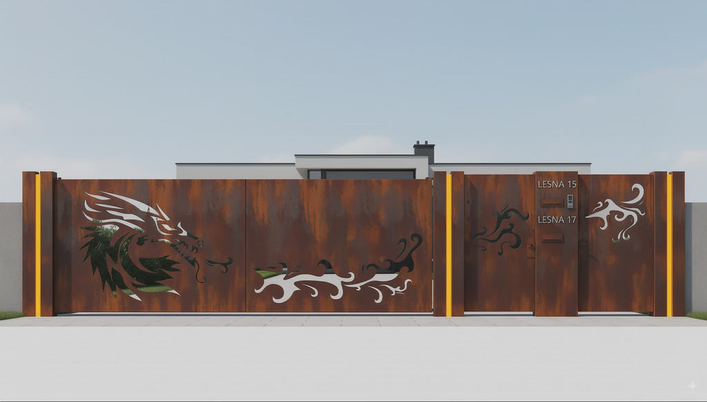 Brama wjazdowa ze stali Cor-Ten - Minimalistyczny Smok