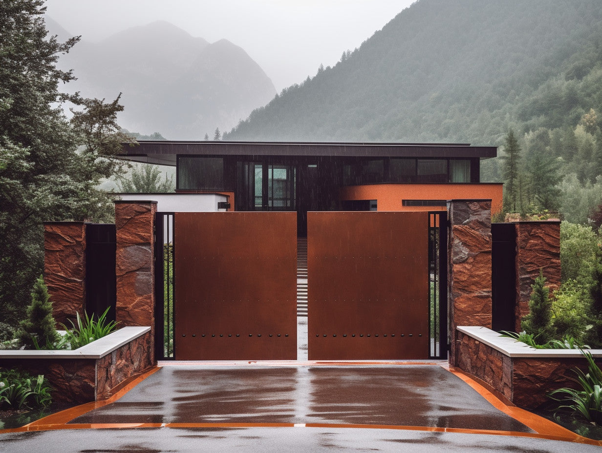 Brama wjazdowa ze stali COR-TEN® - Minimalistyczny bauhaus z automatem