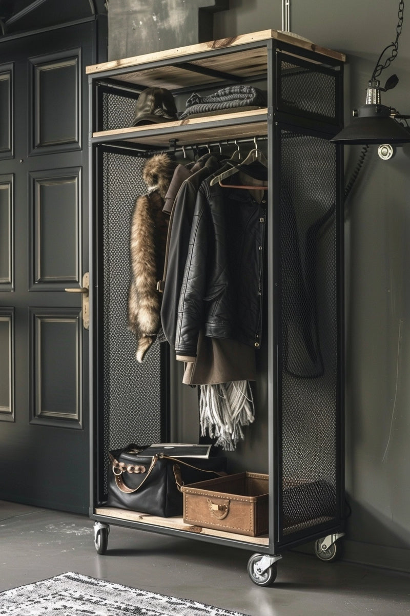 Mobilny regał na ubrania ze stali z drewnem industrialny