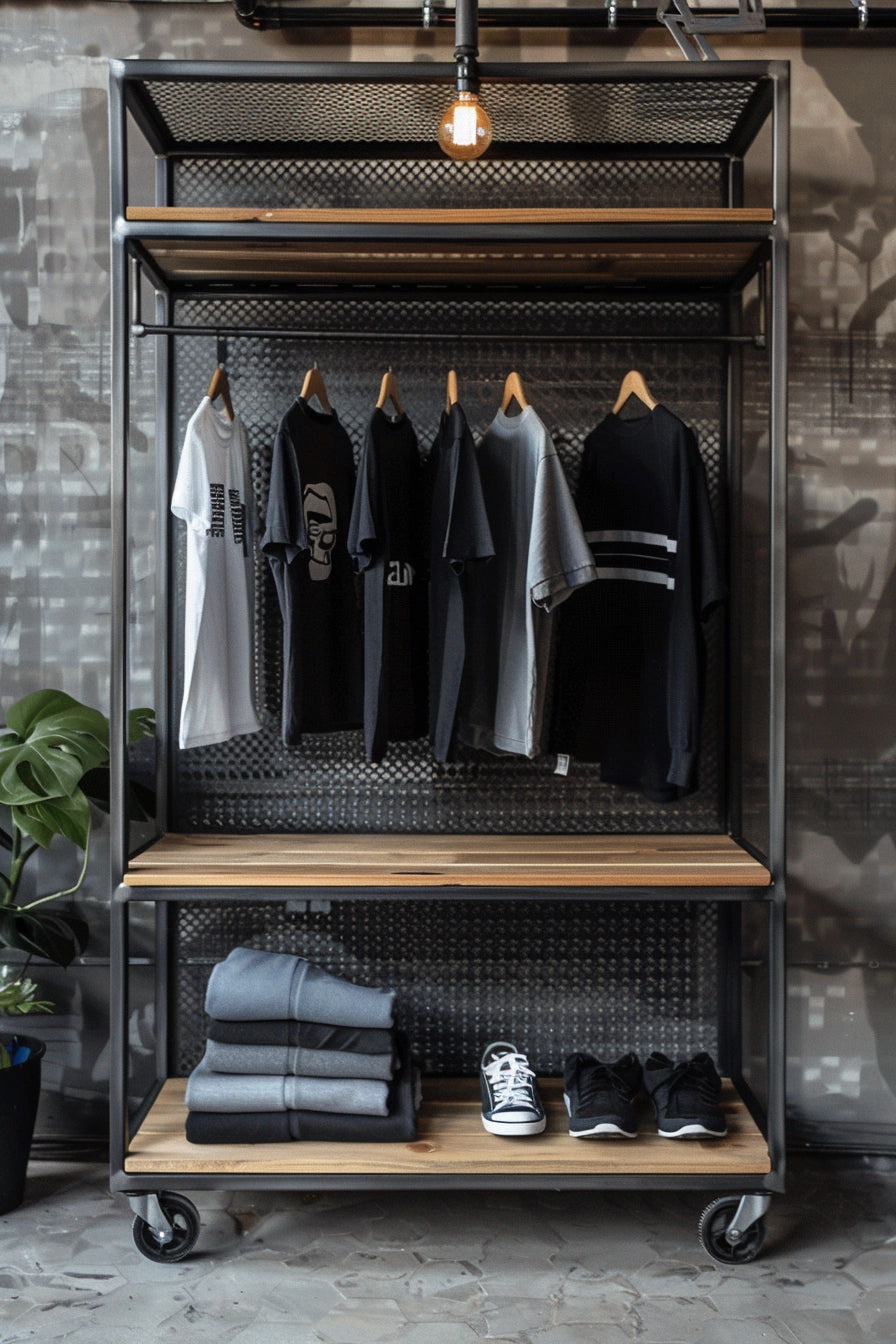 Mobilny regał ubraniowy ze stali w stylu industrialnym