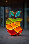Nowoczesna rzeźba zewnętrzna "Lumen Fructus" w kształcie jabłka, wykonana ze stali kortenowskiej i podświetlanego, kolorowego szkła.