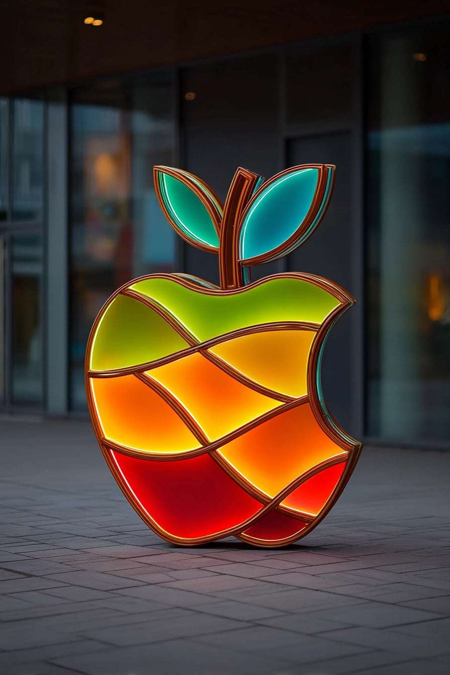 Nowoczesna rzeźba zewnętrzna "Lumen Fructus" w kształcie jabłka, wykonana ze stali kortenowskiej i podświetlanego, kolorowego szkła.