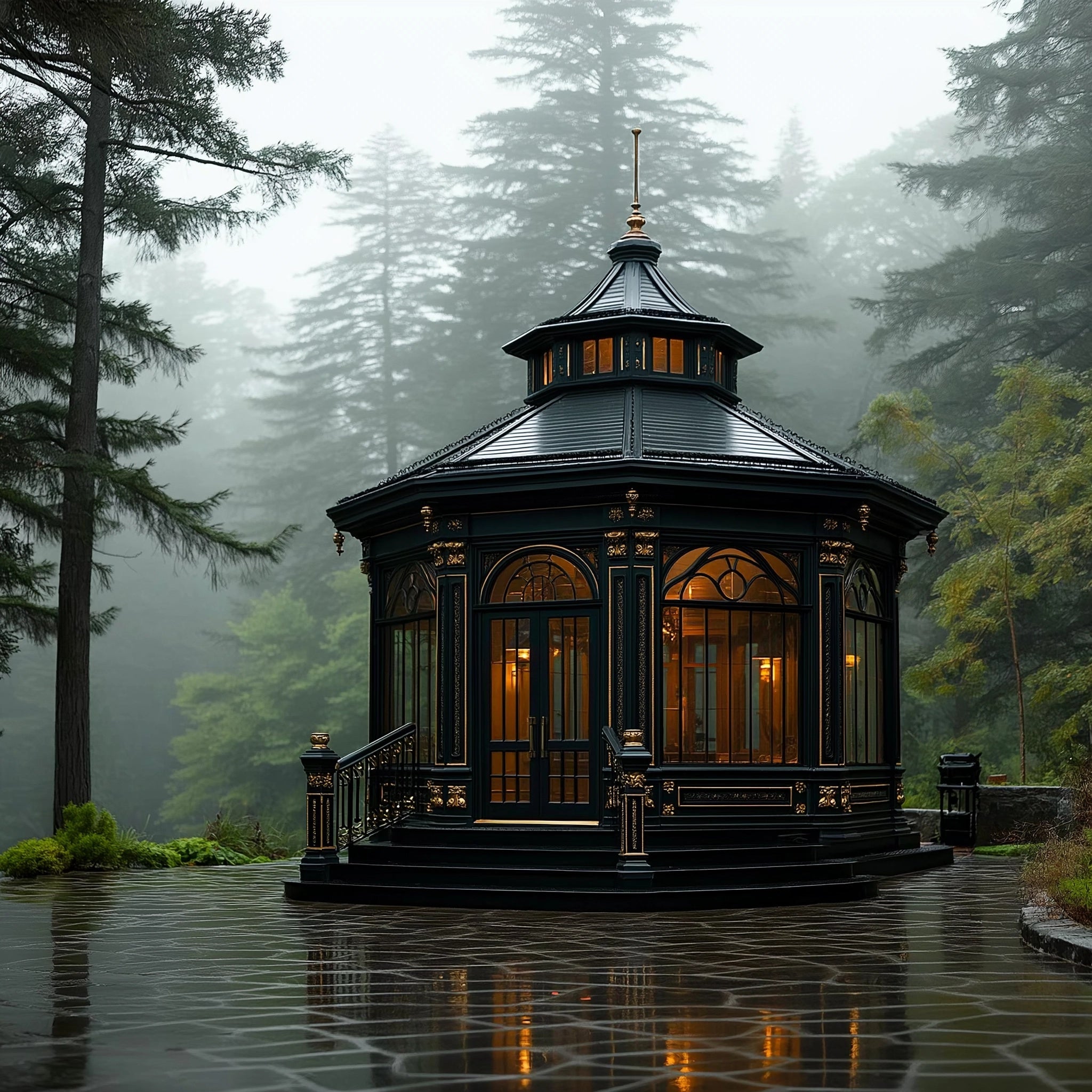 Pawilon Mgły - kuty stalowy z witrażem 