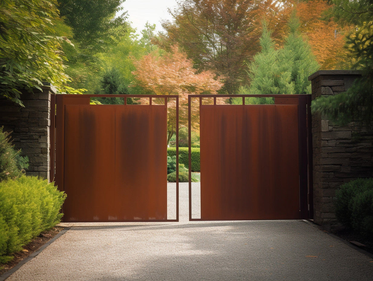Brama wjazdowa ze stali COR-TEN® - wypełniona, nowoczesna, w stylu bauhaus