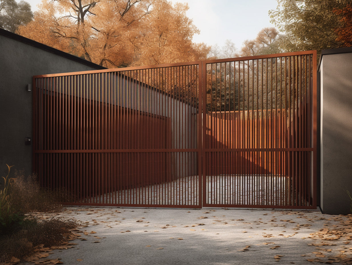 Brama wjazdowa ze stali COR-TEN® - Oszczędna, pionowe sztachety, europejski bauhaus