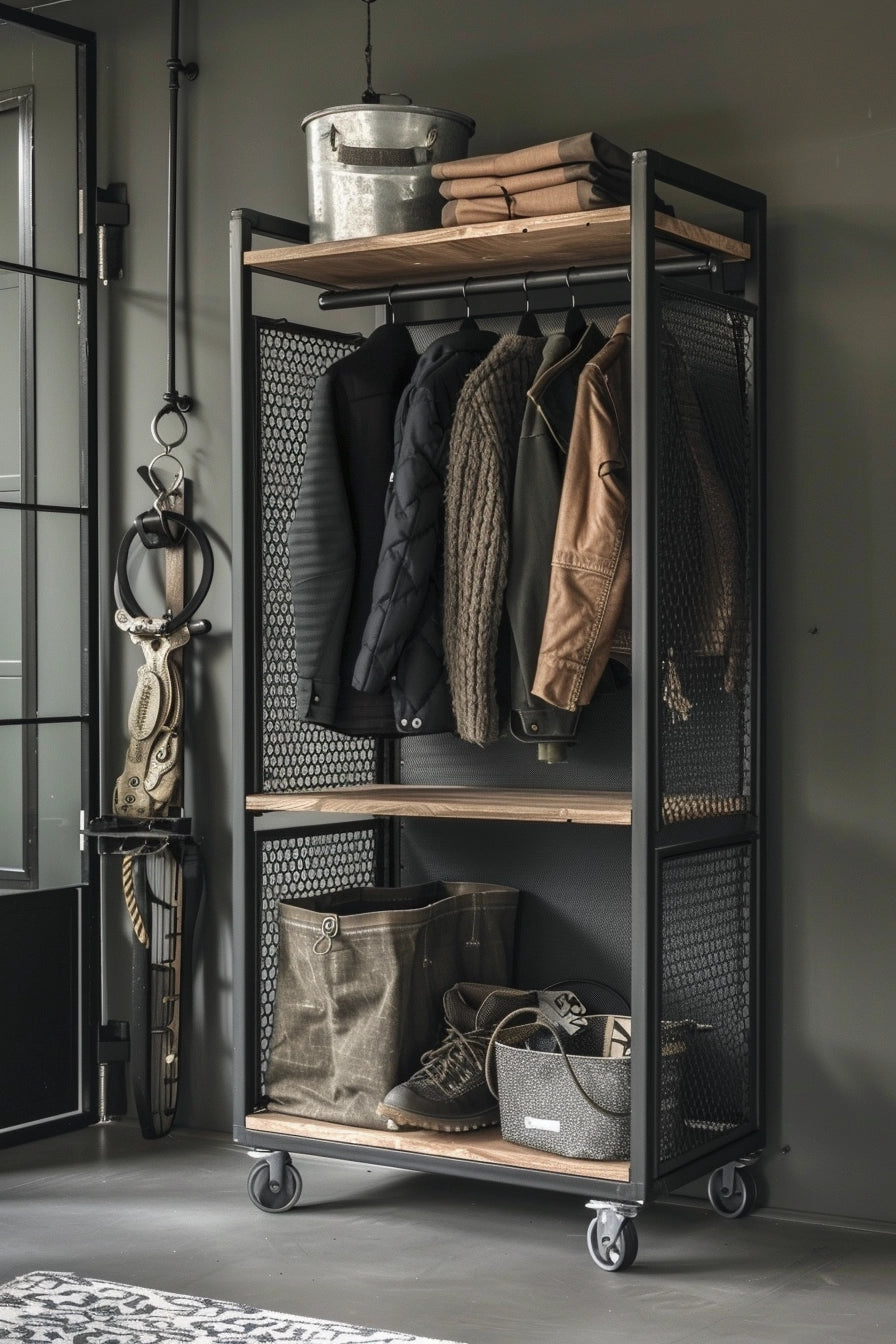 Mobilny regał na ubrania ze stali w stylu minimalistycznym