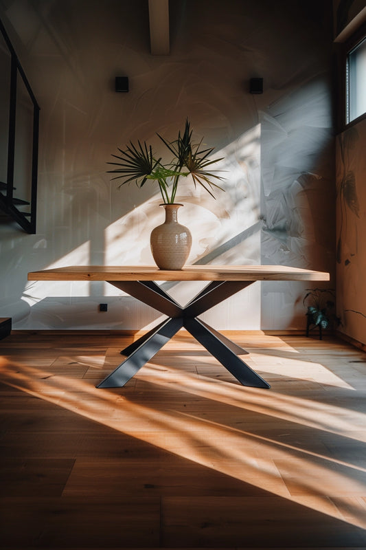Stalowy stół z drewnianym blatem - ręcznie kuty design