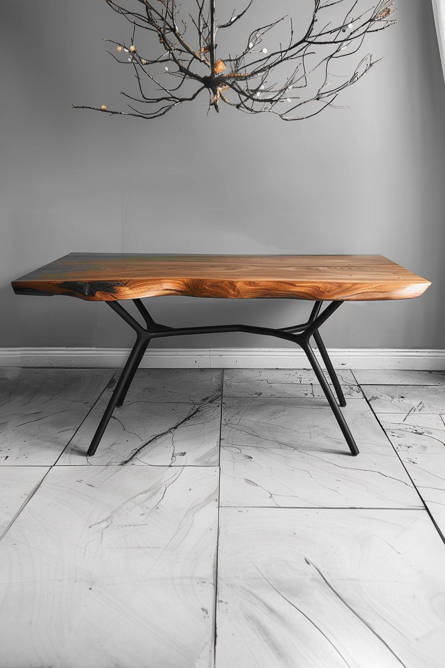 Metal table with a wooden top - hand-forged