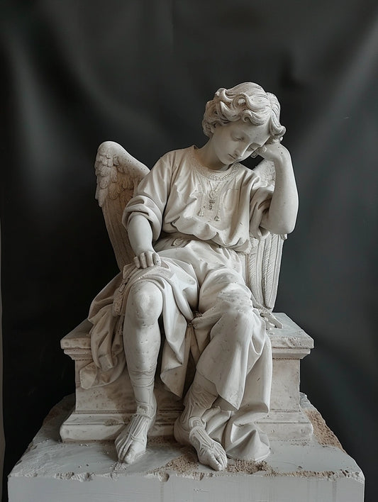 Rzeźba zamyślonego anioła z gipsu lub betonu architektonicznego