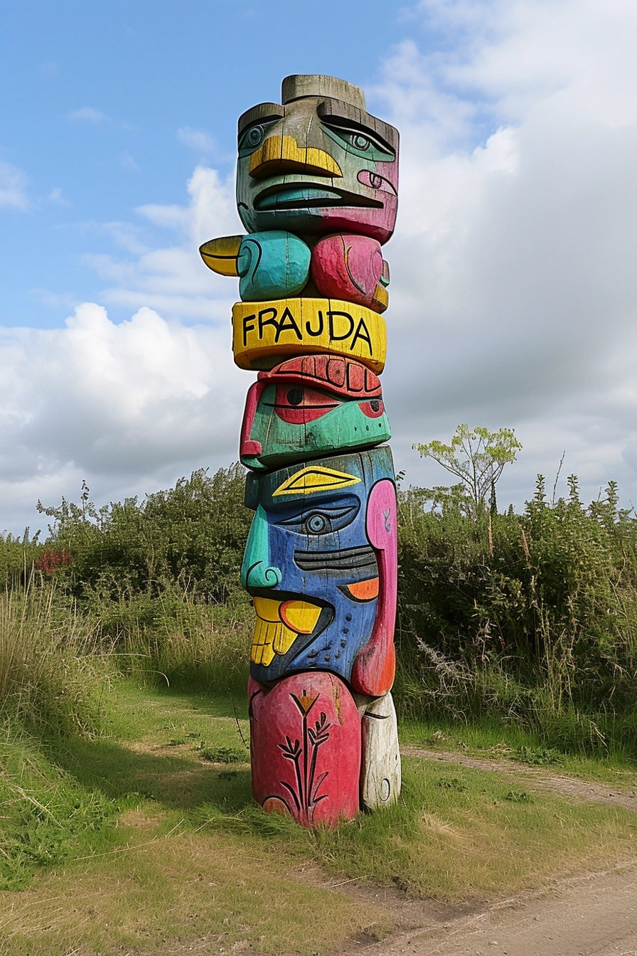 Totem artystyczny, rzeźbiony z drewna. Frajda.