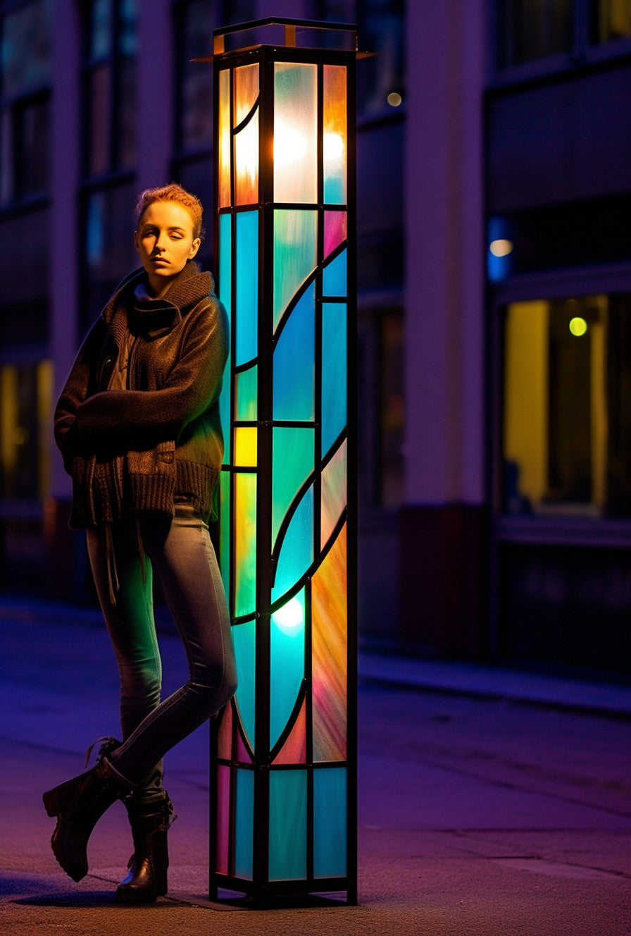 "Dobrowit" - Latarnia uliczna ze stali z witrażem. Modernistyczny design. Lampa kolorowa kuta