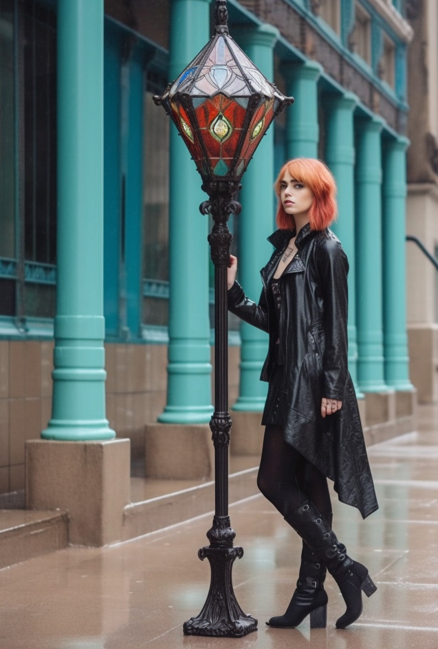 "Dobrosław" - Latarnia uliczna, metalowa, z witrażem. Gotycki design. Lampa ogrodowa kuta kowalstwo