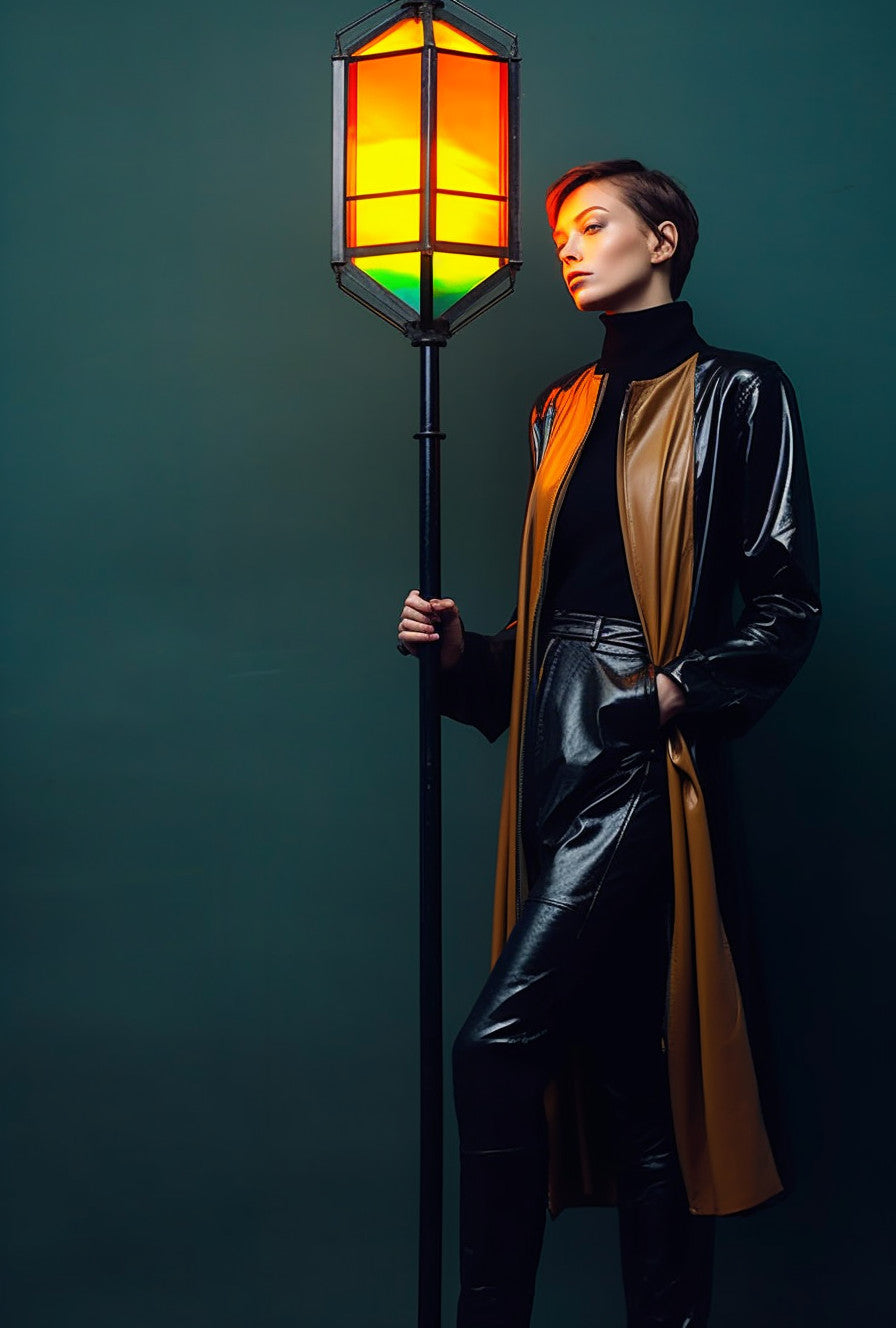 Lampa z kolorowym witrażem na wymiar. Styl Bauhaus. - "Godzimir" Latarnia ogrodowa i uliczna