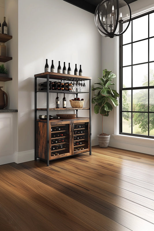 Regał na wino ze stali z drewnem w minimalistyznym stylu