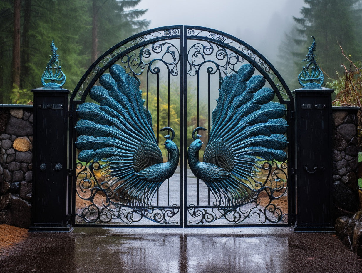 Dekoracyjna brama wjazdowa, kuta paw pawiem
