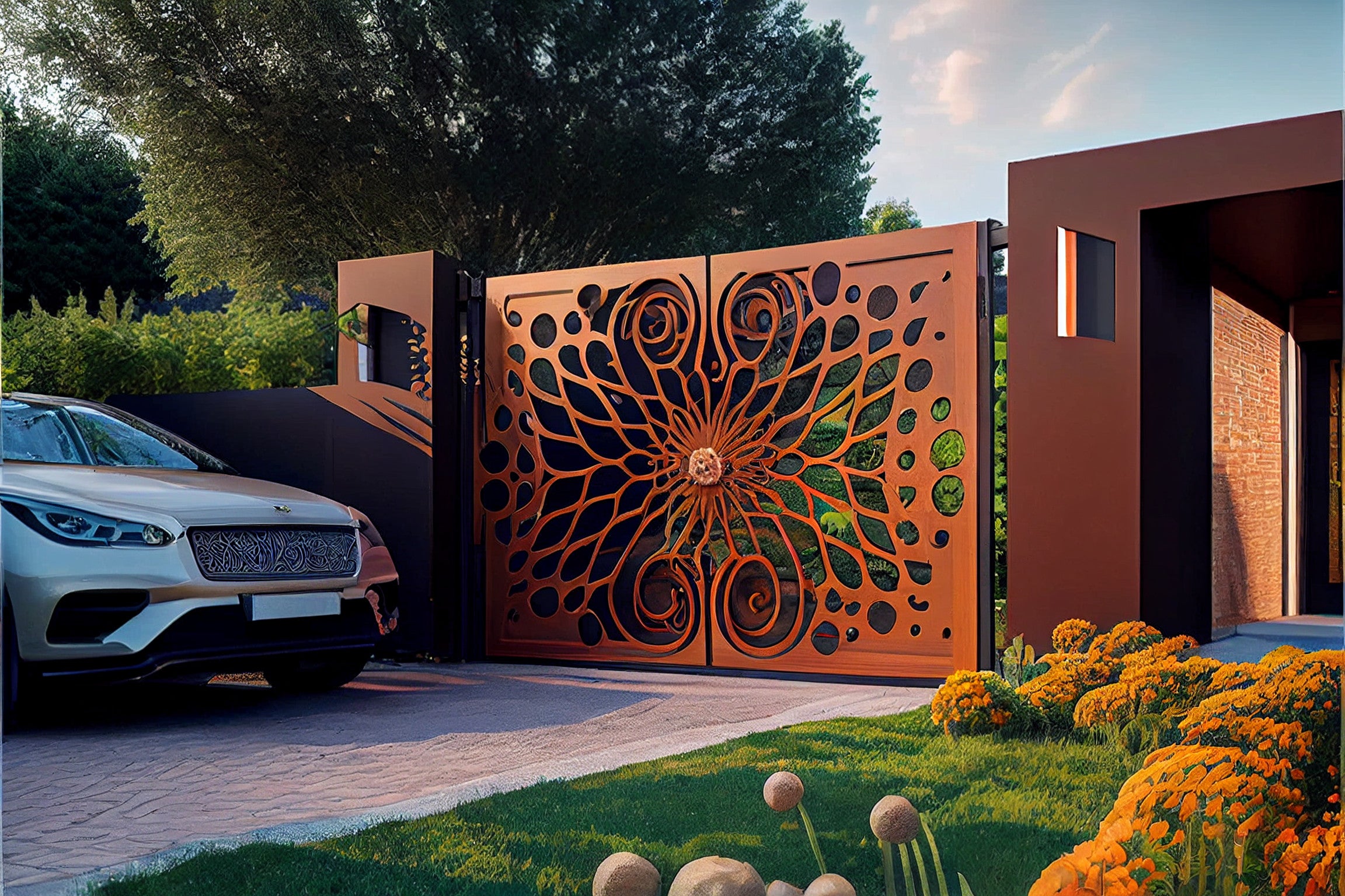 Blume des Lebens – Automatisches Tor aus COR-TEN®-Stahl