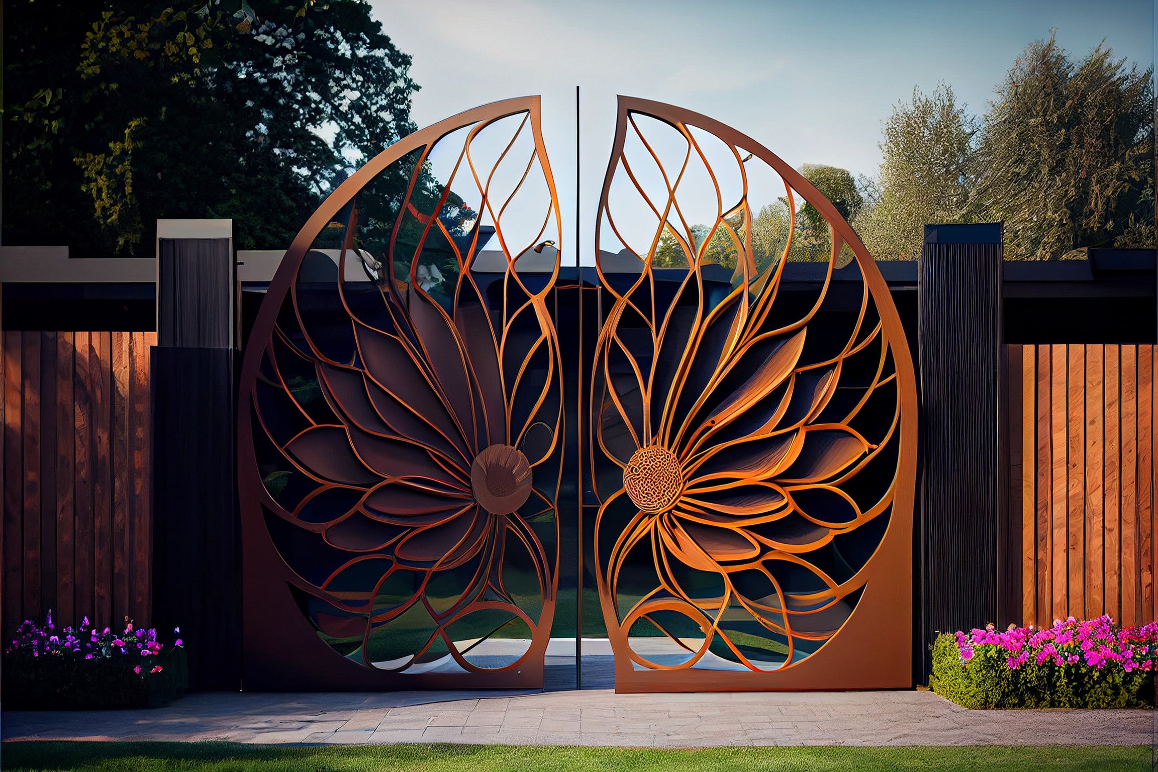 Kwiat życia - brama wjazdowa z automatem ze stali COR-TEN®