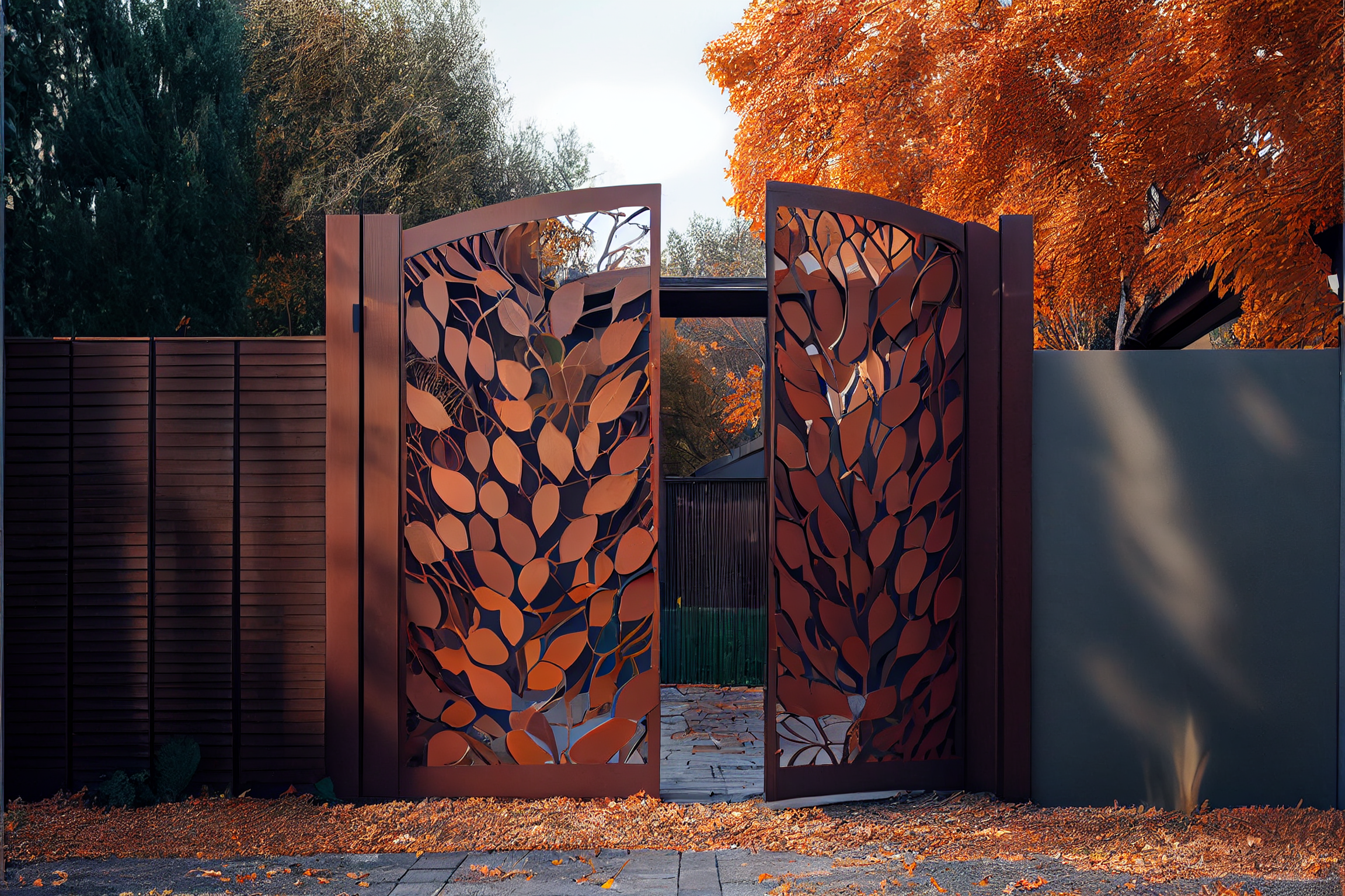 Rustykalne liście - brama wjazdowa ze stali COR-TEN®