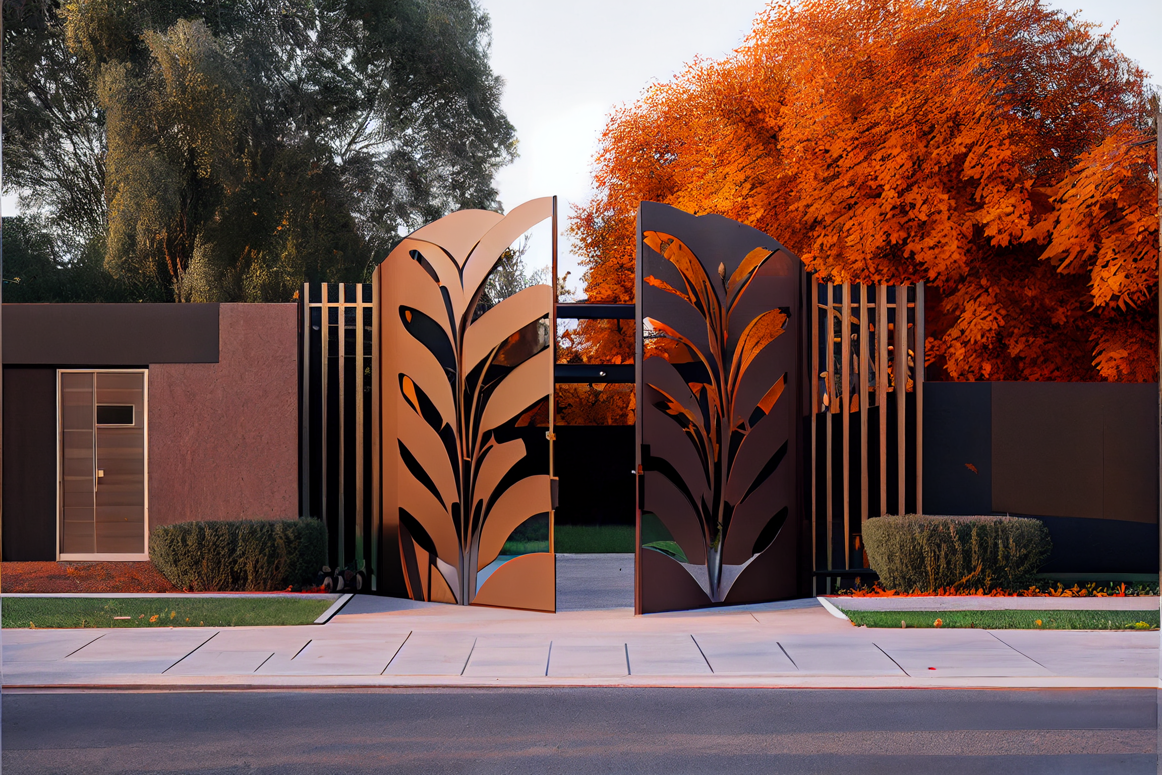 Brama wjazdowa ze stali COR-TEN®- motyw natury, liście