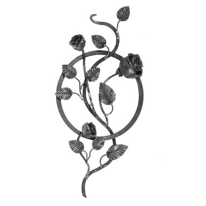Aus Stahl geschmiedete Rosenrosette mit einer Rose. Für Balustraden, Tore, Zäune.