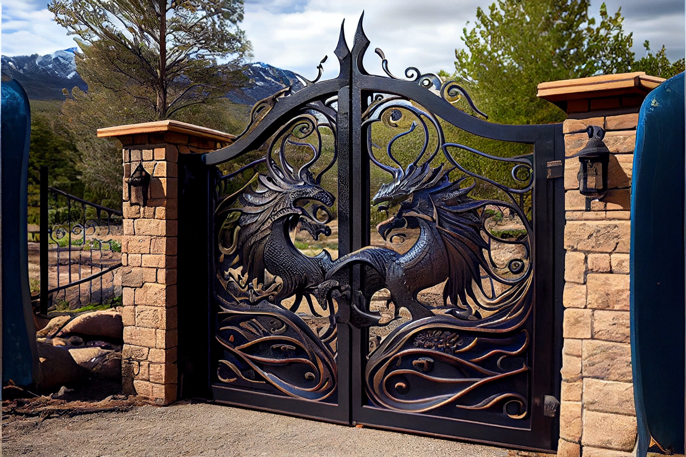 Dekoracyjna brama kuta ze smoczym motywem. Kowalstwo artystyczne